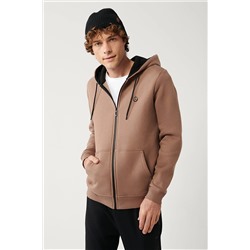 Avva Erkek Açık Kahverengi Kapüşonlu Yaka Içi Polarlı 3 Iplik Fermuarlı Regular Fit Standart Kesim Unisex E001019
