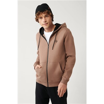 Avva Erkek Açık Kahverengi Kapüşonlu Yaka Içi Polarlı 3 Iplik Fermuarlı Regular Fit Standart Kesim Unisex E001019