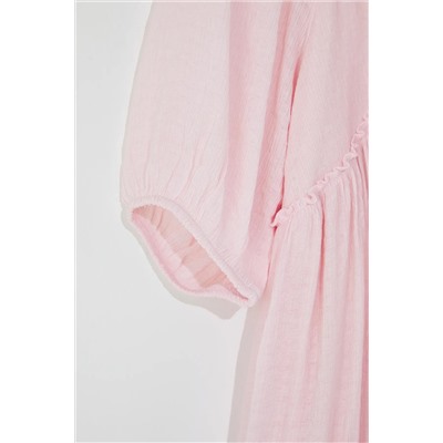 Pembe Balon Kol Crinkle Mini Dokuma Büyük Beden Elbise TBBSS25AH00168