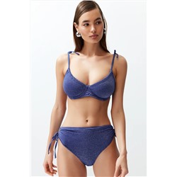 TRENDYOLMİLLA Lacivert Balkonet Bağlamalı Simli Yüksek Bel Hipster Bikini Takımı TBESS24BT00136