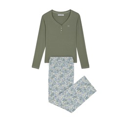 Pijama largo 100% algodón canalé verde flores