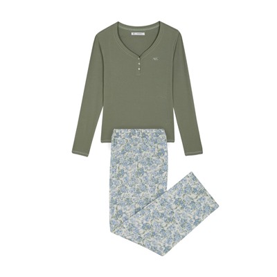 Pijama largo 100% algodón canalé verde flores