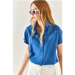Olalook, Kadın İndigo Yarasa Oversize Keten Gömlek GML-19001109