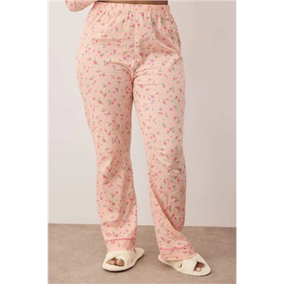 Pembe %100 Pamuklu Çiçekli Biyeli Örme Pijama Takımı TBBAW26AI00007