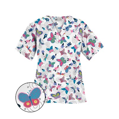 UA Boho Butterfly White Scrub Top