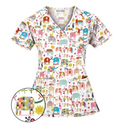UA Lucky Elephants White Mock Wrap Scrub Top