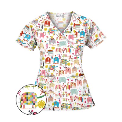 UA Lucky Elephants White Mock Wrap Scrub Top