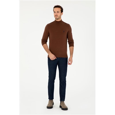 Erkek Slim Fit Yarım Boğazlı Kahverengi Basic Kazak