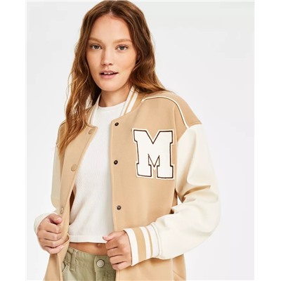 HIPPIE ROSE Juniors' Faux-Leather-Sleeve Snap-Front Varsity Bomber Jacket
