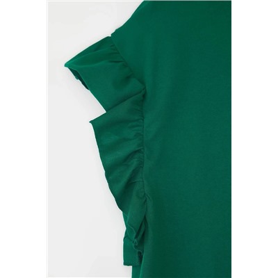 Zümrüt Yeşili Bisiklet Yaka Kolları Fırfırlı %100 Pamuk Örme T-Shirt TBBSS23BF00006