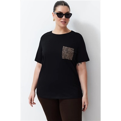 Siyah Oversize Animal Baskılı Cep etaylı %100 Pamuk Örme Büyük Beden T-shirt TBBSS24BF00059