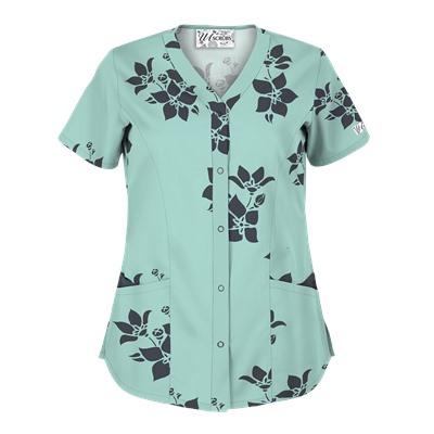 UA Spacious Bouquet Cool Blue Snap Front Scrub Top