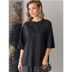 Футболка оверсайз с принтом пайетками из премиального хлопка с эластаном