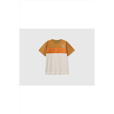 United Colors of Benetton Erkek Çocuk Haki Su Bazlı Şerit Baskılı T-shirt 223P3096C10AC-3G7