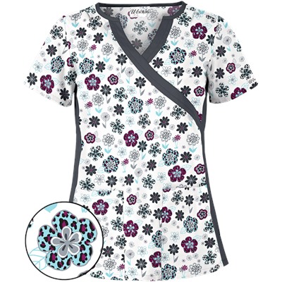 UA Wild Garden White Mock Wrap Scrub Top