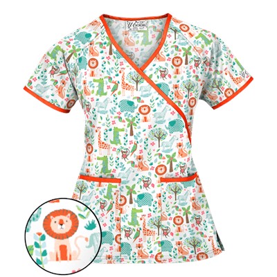 UA Day At The Zoo White Mock Wrap Scrub Top