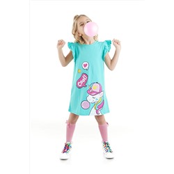 Denokids Sakızlı Unicorn Kız Çocuk Turkuaz Elbise CFF-23Y1-077