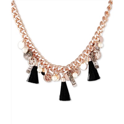 GUESS Rose Gold-Tone Crystal, Tortoise-Look, Imitation Pearl & Tassel Charm Statement Necklace, 18" + 2" extender