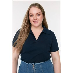 Lacivert Polo Yaka Vücuda Oturan Fitilli Örme Bluz TBBSS22BZ0750