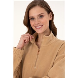 Kadın Kum Dik Yaka Fermuarlı Polar Sweatshirt