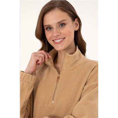 Kadın Kum Dik Yaka Fermuarlı Polar Sweatshirt