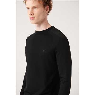 Siyah Bisiklet Yaka Jakarlı Rayon Triko T-Shirt