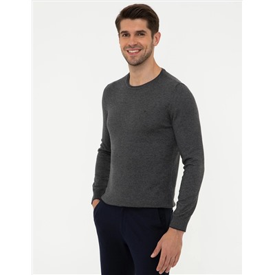 Gri Melanj Slim Fit Bisiklet Yaka Basic Triko Kazak