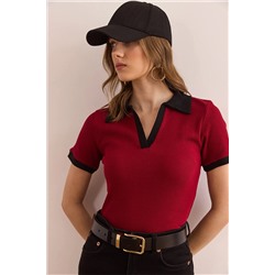 Olalook Kadın Bordo Siyah Polo Yaka Renk Detaylı Esnek Pamuk Bluz BLZ-19002920