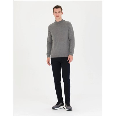 Gri Melanj Slim Fit Yarım Balıkçı Basic Triko Kazak