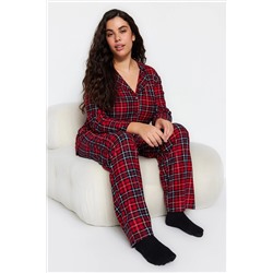Kırmızı Ekoseli Gömlek Yaka Yumuşak Tuşe Örme Pijama Takımı TBBAW24AI00033
