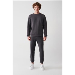 Antrasit Bisiklet Yaka İçi Polarlı 3 İplik Pamuklu Regular Fit Standart Kesim Unisex Sweatshirt