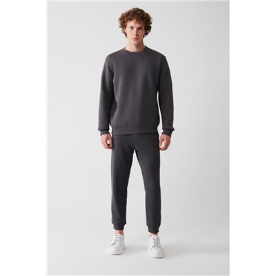 Antrasit Bisiklet Yaka İçi Polarlı 3 İplik Pamuklu Regular Fit Standart Kesim Unisex Sweatshirt