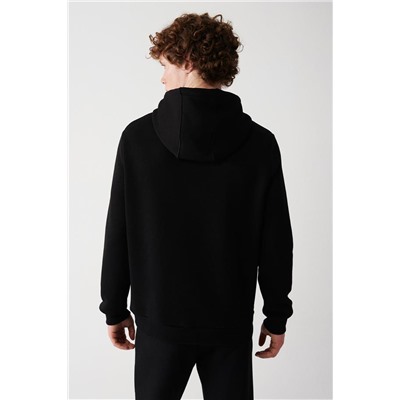 Siyah Kapüşonlu Yaka İçi Polarlı 3 İplik Pamuklu Regular Fit Standart Kesim Unisex Sweatshirt