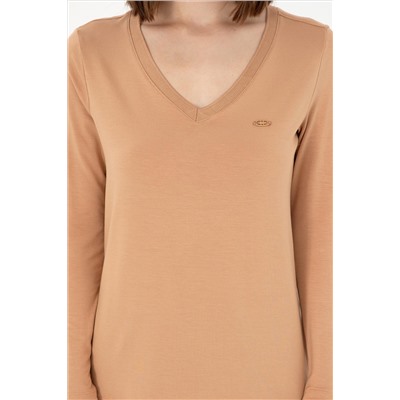Kadın Camel V Yaka Sweatshirt