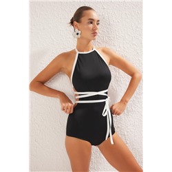 TRENDYOLMİLLA Siyah Halter Yaka Biyeli Bağlama Detaylı Regular Mayo TBESS25MA00073