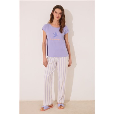 Pijama largo algodón lila rayas