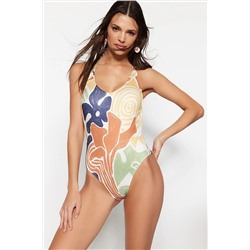 TRENDYOLMİLLA Soyut Desenli V Yaka Sırt Dekolteli High Leg Mayo TBESS23MA00072