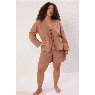 Kahverengi V Yaka Bağlama Detaylı Pamuk Flam Beachwear Büyük Beden Alt-Üst Takım TBBSS25CP00012