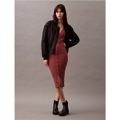 Smooth Cotton Rib Sweater Midi V-Neck Dress