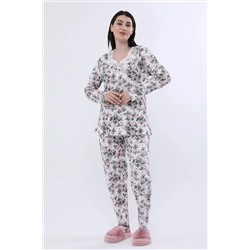ANGELİNA Kadın Beyaz Çiçekli Kalın Kışlık Ribana Uzun Kol Dantel Yaka Rahat Pijama Takımı 6113 46246221