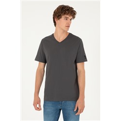 Erkek Regular Fit V Yaka Antrasit Basic Tişört