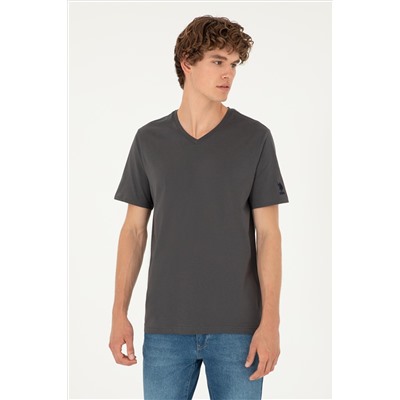 Erkek Regular Fit V Yaka Antrasit Basic Tişört