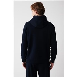 Lacivert Kapüşonlu Yaka İçi Polarlı 3 İplik Pamuklu Regular Fit Standart Kesim Unisex Sweatshirt