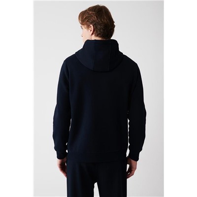 Lacivert Kapüşonlu Yaka İçi Polarlı 3 İplik Pamuklu Regular Fit Standart Kesim Unisex Sweatshirt