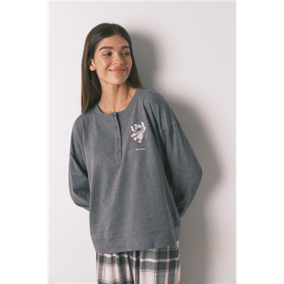 Pijama largo 100% algodón gris cuadros Stitch