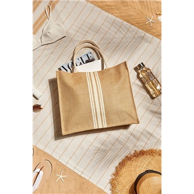 Ocean Home Textile Çizgi Baskılı Naturel Jüt Alışveriş, Omuz, Kol, Deniz Plaj Çantası 42x12x35 OCH.BBG.V059