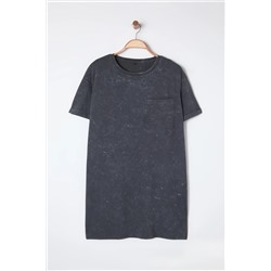 Antrasit Bisiklet Yaka Yıkamalı Örme Büyük Beden T-shirt Elbise TBBSS25AH00007