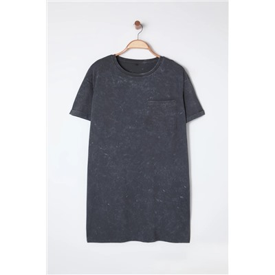Antrasit Bisiklet Yaka Yıkamalı Örme Büyük Beden T-shirt Elbise TBBSS25AH00007
