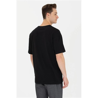 Erkek Siyah Oversize Bisiklet Yaka Tişört