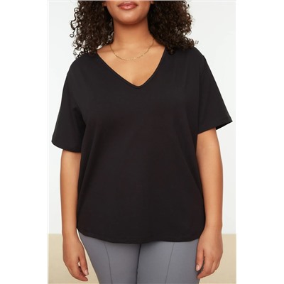 Siyah V Yaka Basic %100 Pamuk Örme T-Shirt TBBSS22BF0028